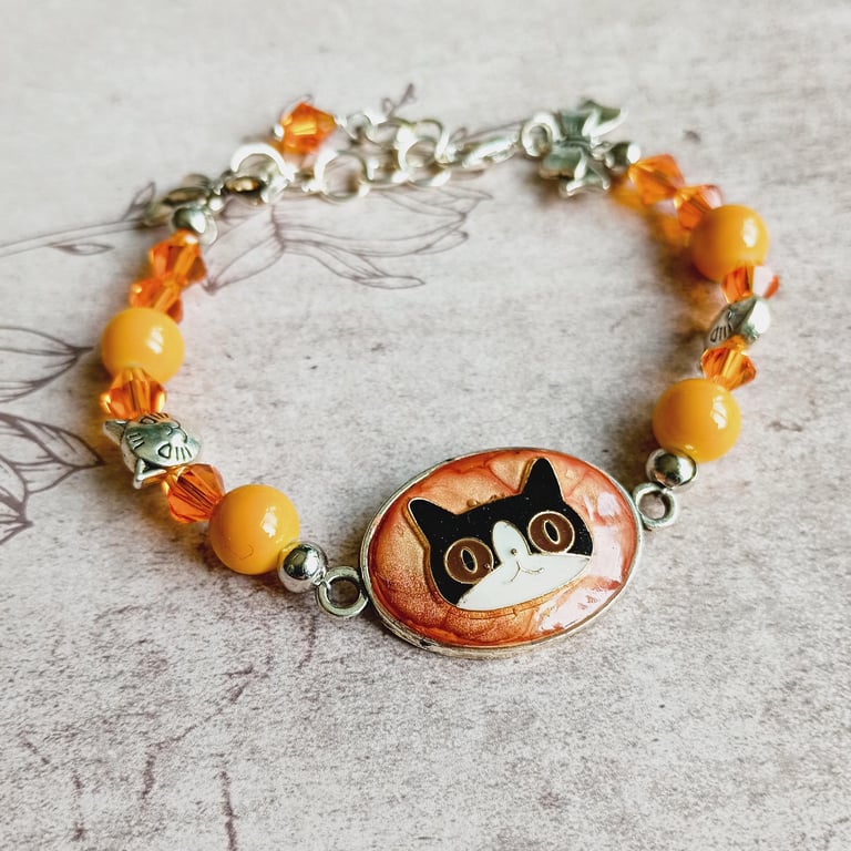 Black and White Cat Bracelet with Orange Glass Beads, Cat Lover Gift