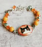 Black and White Cat Bracelet with Orange Glass Beads, Cat Lover Gift