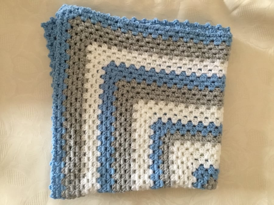 Hand Crochet Baby Cot or pram blanket in blue, white and grey 28” x 28”