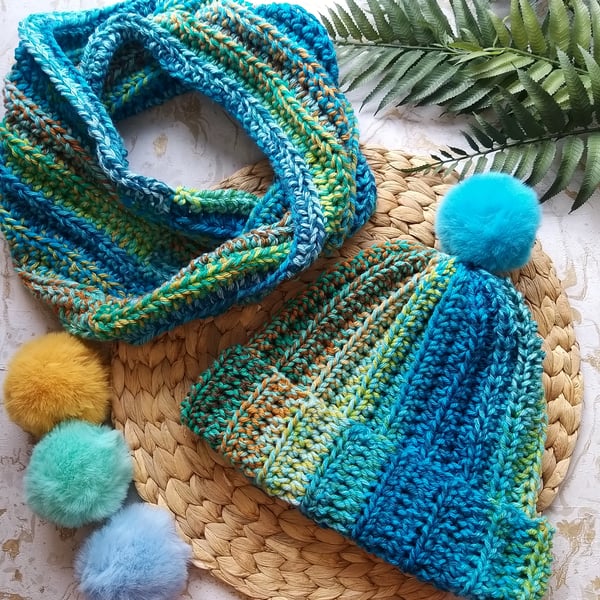 Crochet Hat & Scarf Set Infinity Scarf & Faux Fur Pompom Beanie 