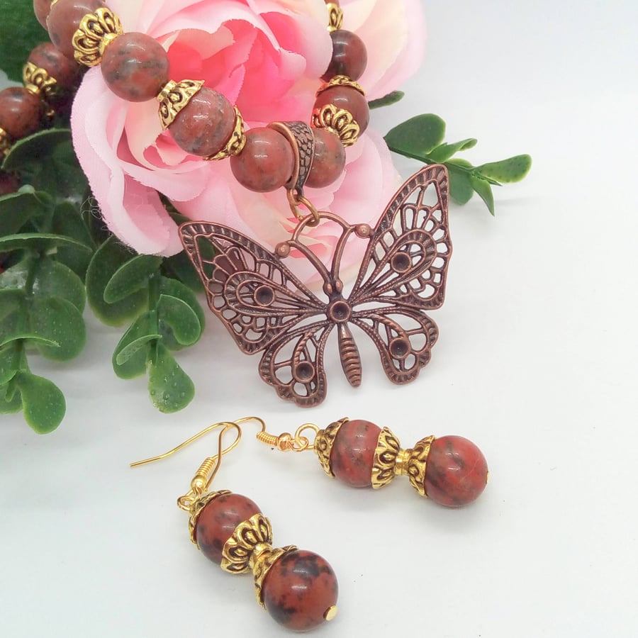 Bronze Butterfly Pendant on a Mahogany Jasper Necklace with Matching Earrings