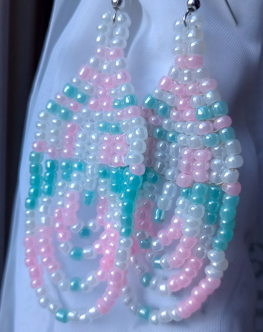 Pearly white pastel pink swag dangle beaded gift wedding earrings 