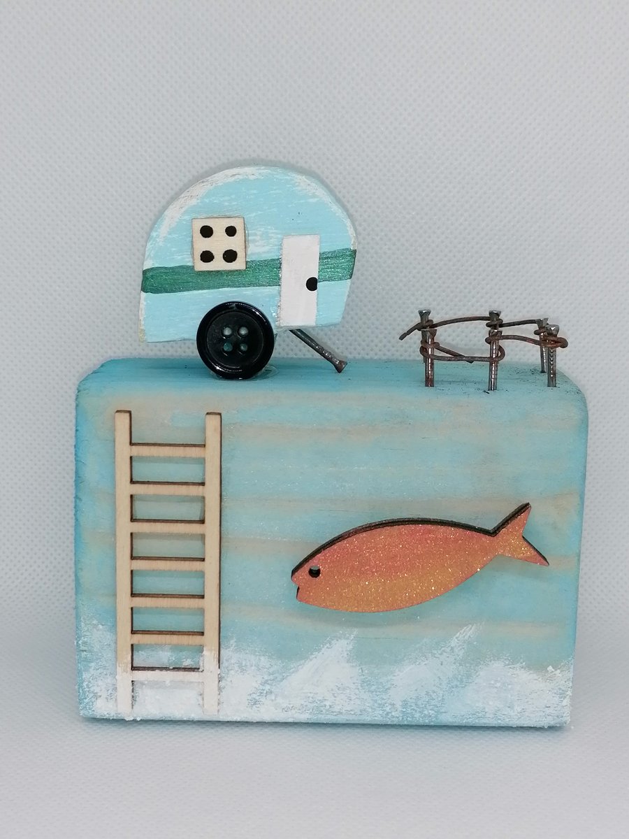 Vintage Reclaimed Wooden Caravan Beach Display Shelf Sitter Decor Gift Home mini