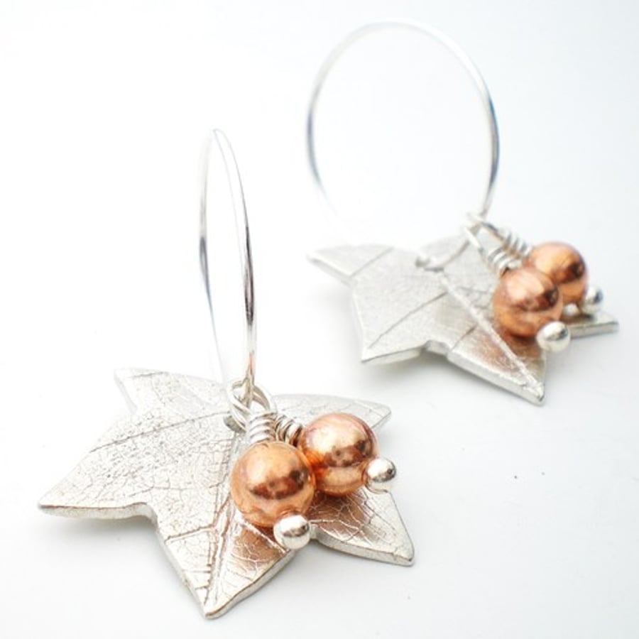 Silver Maple Leaf Earrings with Copper Berries