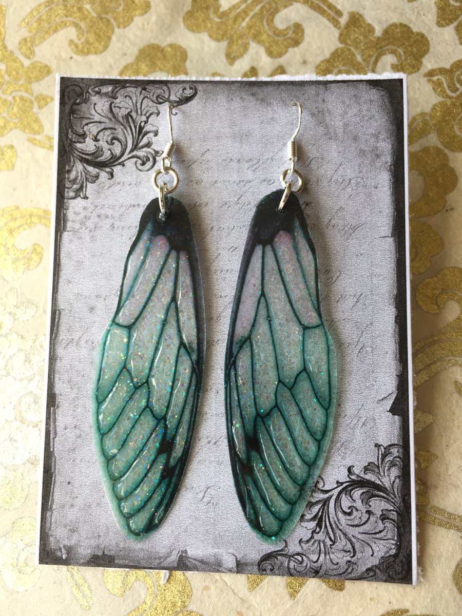 Green Glittery Fairy Wing Sterling Silver Earrings