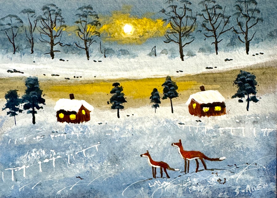 Original Aceo Painting ‘ Winter Foxes   ‘ by Stephen Allen 