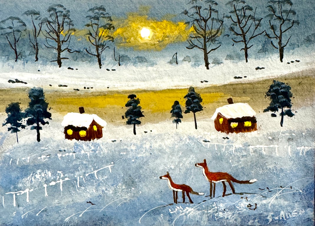 Original Aceo Painting ‘ Winter Foxes   ‘ by Stephen Allen 