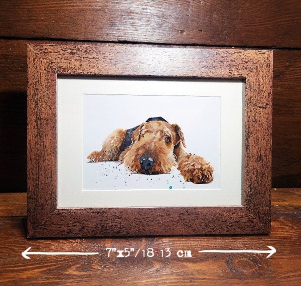 Airedale Terrier" Watercolour Miniature Framed Print,(7"5"1813cm) Airedale Terri