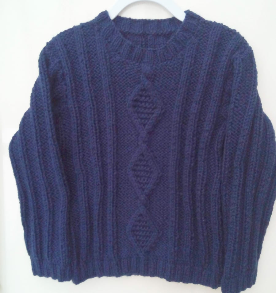 Navy Blue Round Neck Jumper with Rib and Cable Pattern, Child's Knitted Jumper