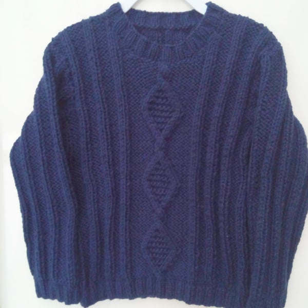 Navy Blue Round Neck Jumper with Rib and Cable Pattern, Child's Knitted Jumper