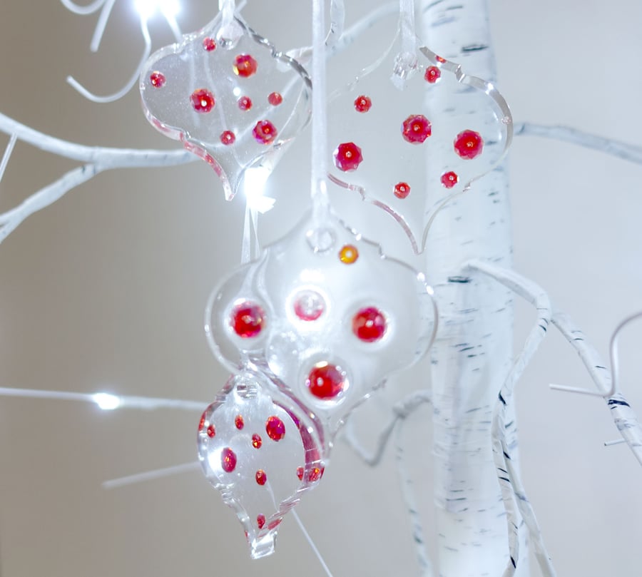 Christmas Tree Decorations Ice Resin with Scarlet Crystal Jewel Berries Set of 6