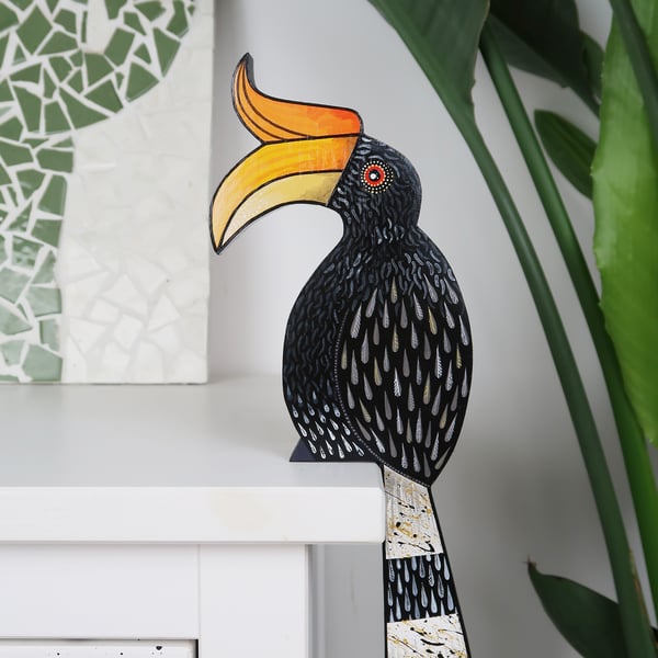 Hornbill door topper, wooden exotic bird door frame decoration, tropical gift.