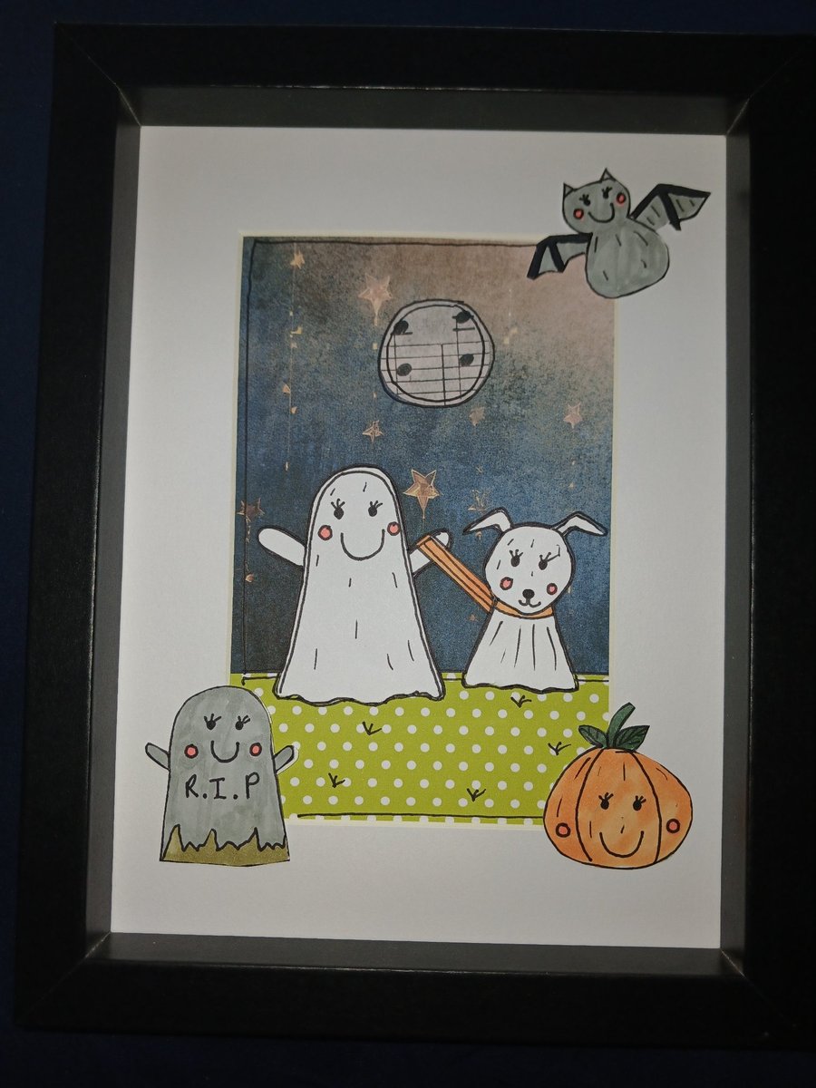 Quirky art, cute halloween original art cute ghost walking his ghost dog art