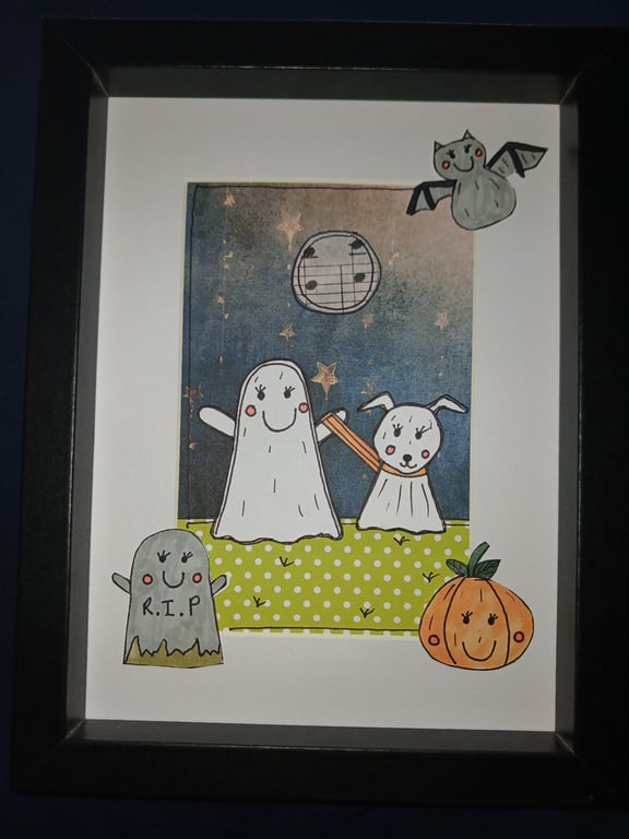 Quirky art, cute halloween original art cute ghost walking his ghost dog art