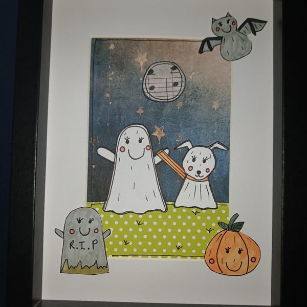 Quirky art, cute halloween original art cute ghost walking his ghost dog art