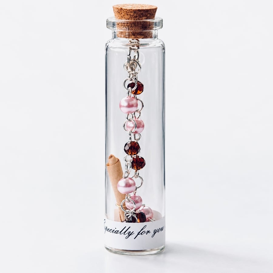 Blush Pink & Coffee Brown Swarovski Pearl Bracelet in a Bottle