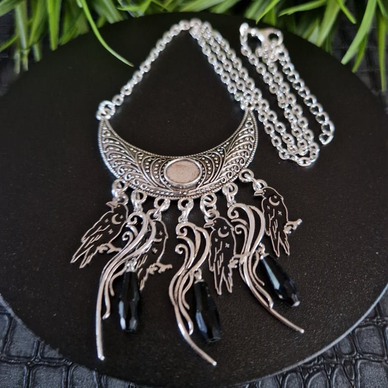 Gothic Raven Crescent Moon Necklace Witchy Crow Bib Necklace