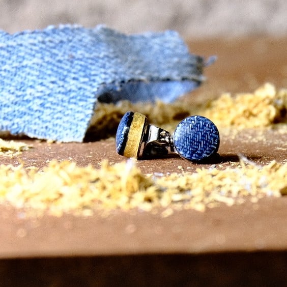 5th Anniversary Wood Gift: Tiny 6mm Oak & Denim Stud Earrings - Curv Studio