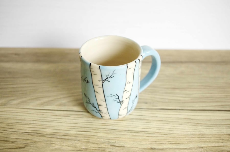 Small Coffee Mug - Silver Birch and Birds 