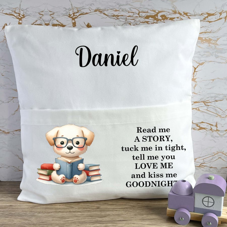 Personalised Dog Book Pocket Cushion, Read Me A Story Reading Cushion