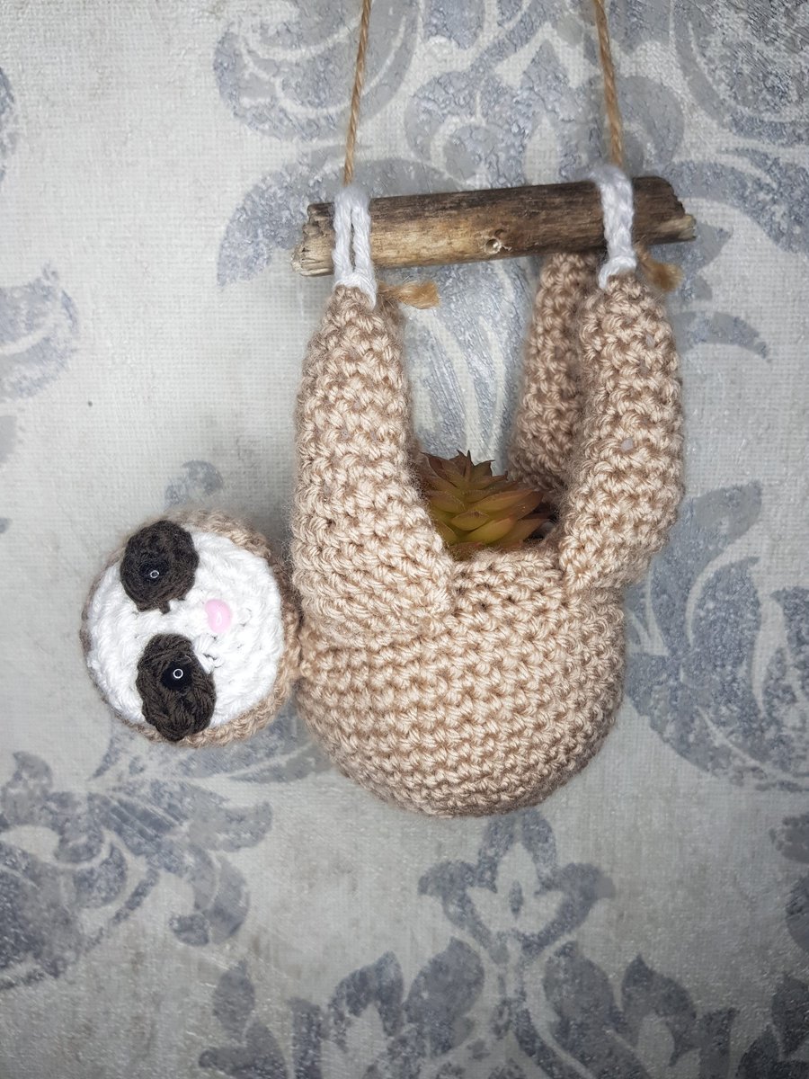 sloth hanging planter, handmade crochet plant pot for succulents, wall art decor