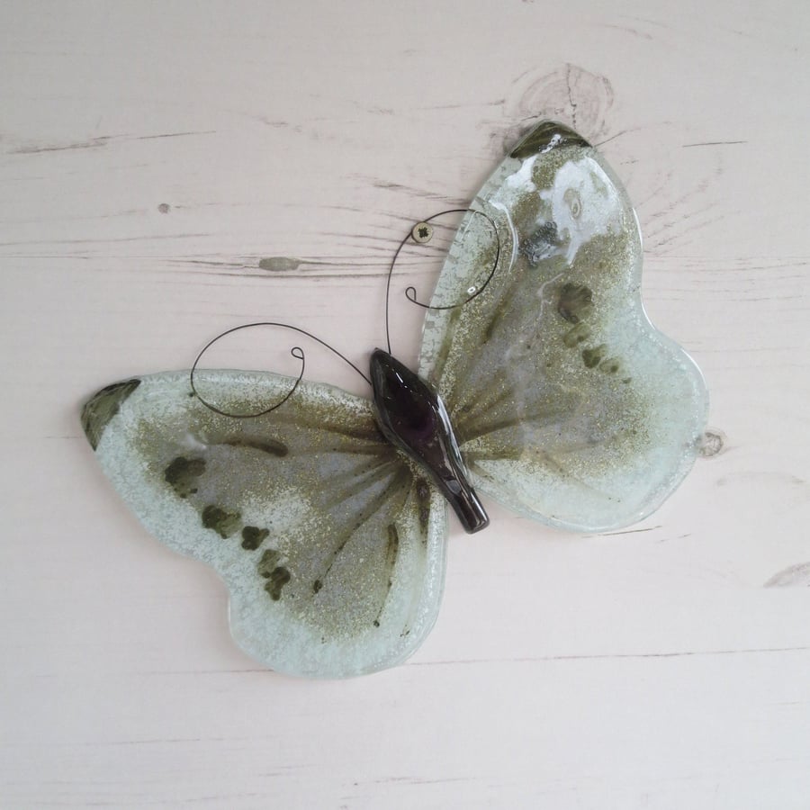 Grey Cabbage White Butterfly Window Hanging - Fused Glass Sun Catcher - Garden