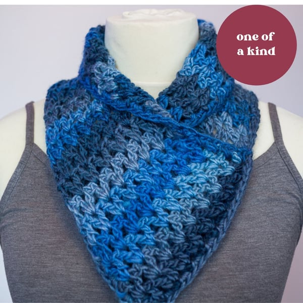 Cowl snood neck warmer scarf in denim colours crochet chunky