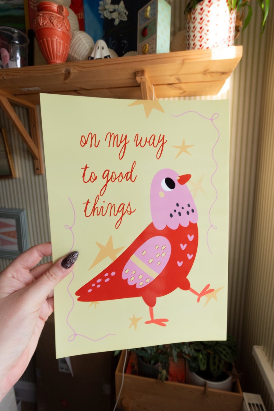 Cute Pink Pigeon Art Print. On My Way To Good Things Print. 