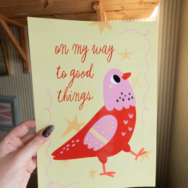 Cute Pink Pigeon Art Print. On My Way To Good Things Print. 