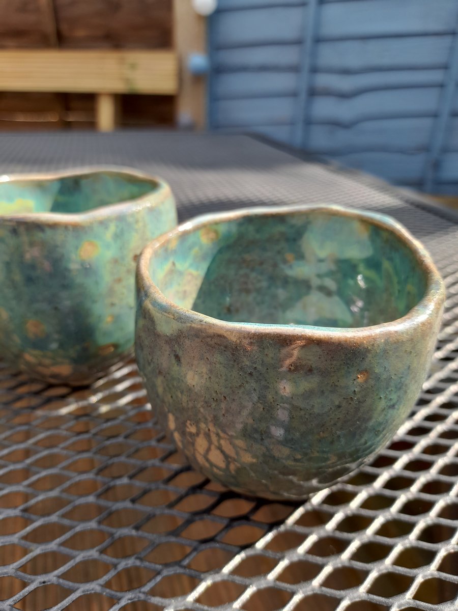 Handmade ceramic medium glazed blue green aurora pot