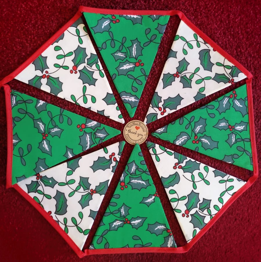 Christmas Holly Design Bunting - 12 Flags - Hand Crafted