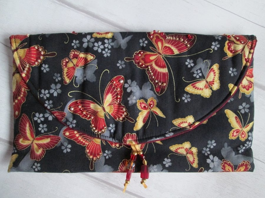 Red and Gold Butterfly Fabric Clutch Bag with Beading