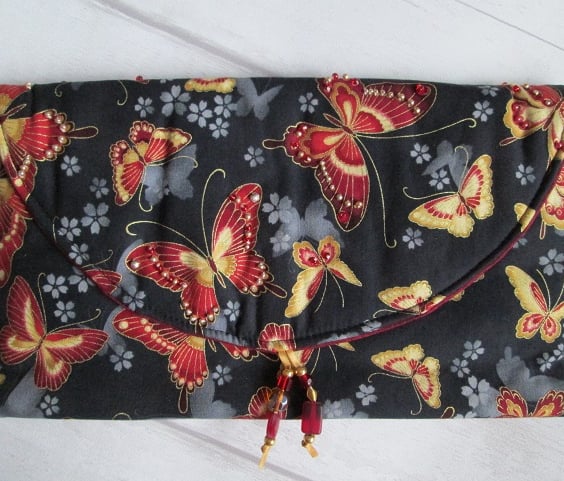 Red and Gold Butterfly Fabric Clutch Bag with Beading