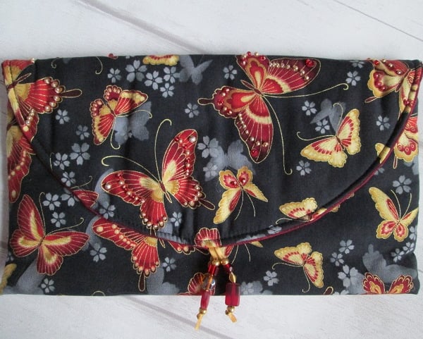 Red and Gold Butterfly Fabric Clutch Bag with Beading