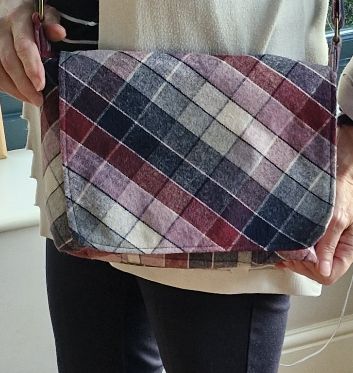 Smart Crossbody messenger bag in burgundy check wool mix with silk lining