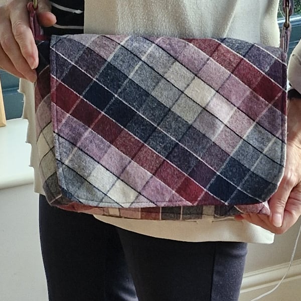 Smart Crossbody messenger bag in burgundy check wool mix with silk lining