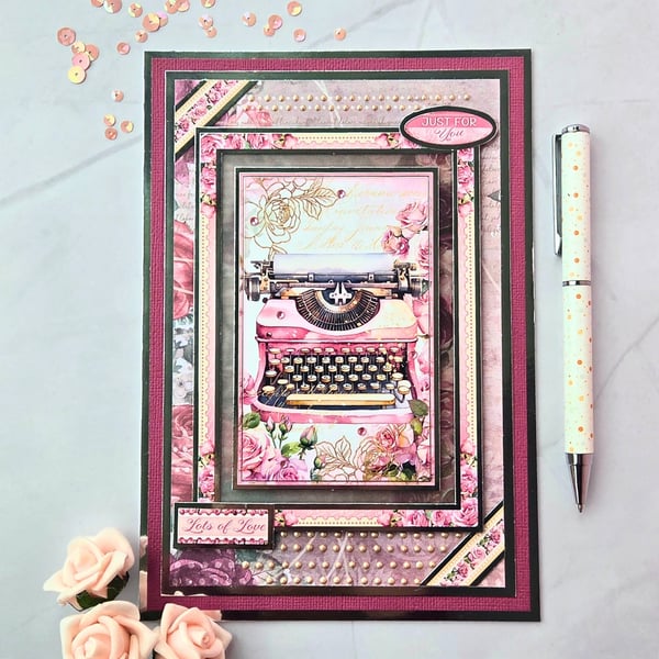 "Just For You" Pink Valentine's Day Card With Vintage Style Typewriter
