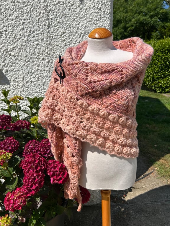 Soft and Fluffy Merino Wool Peaches and Cream Handknitted Lace Shawl