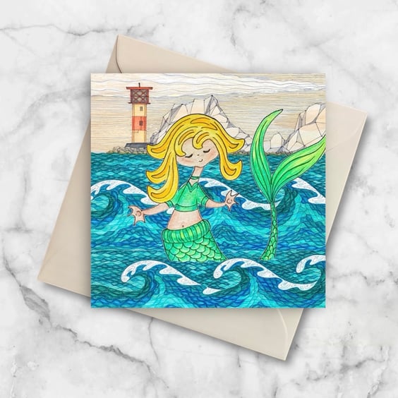 Mermaid at The Needles Lighthouse, Fun Isle of Wight Greetings Card