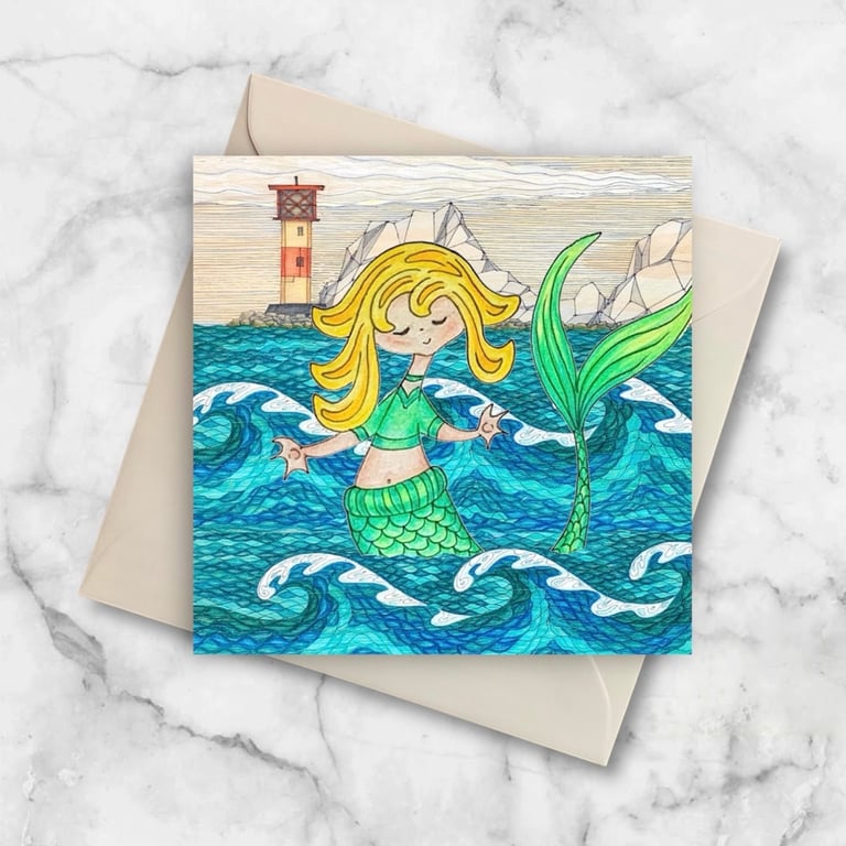 Mermaid at The Needles Lighthouse, Fun Isle of Wight Greetings Card
