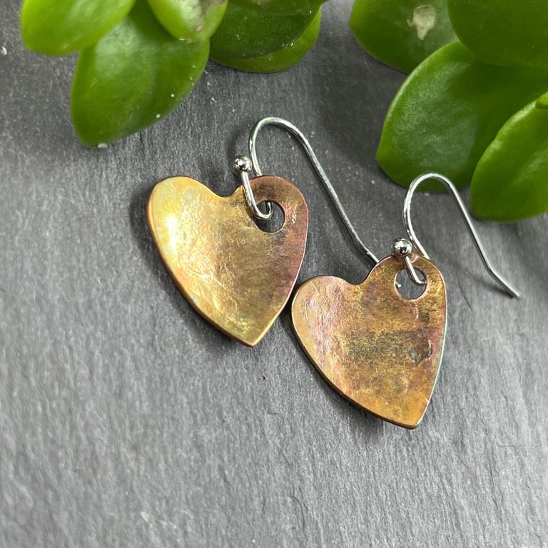 Flame Painted Copper Heart Earrings, Silver Plated Hooks
