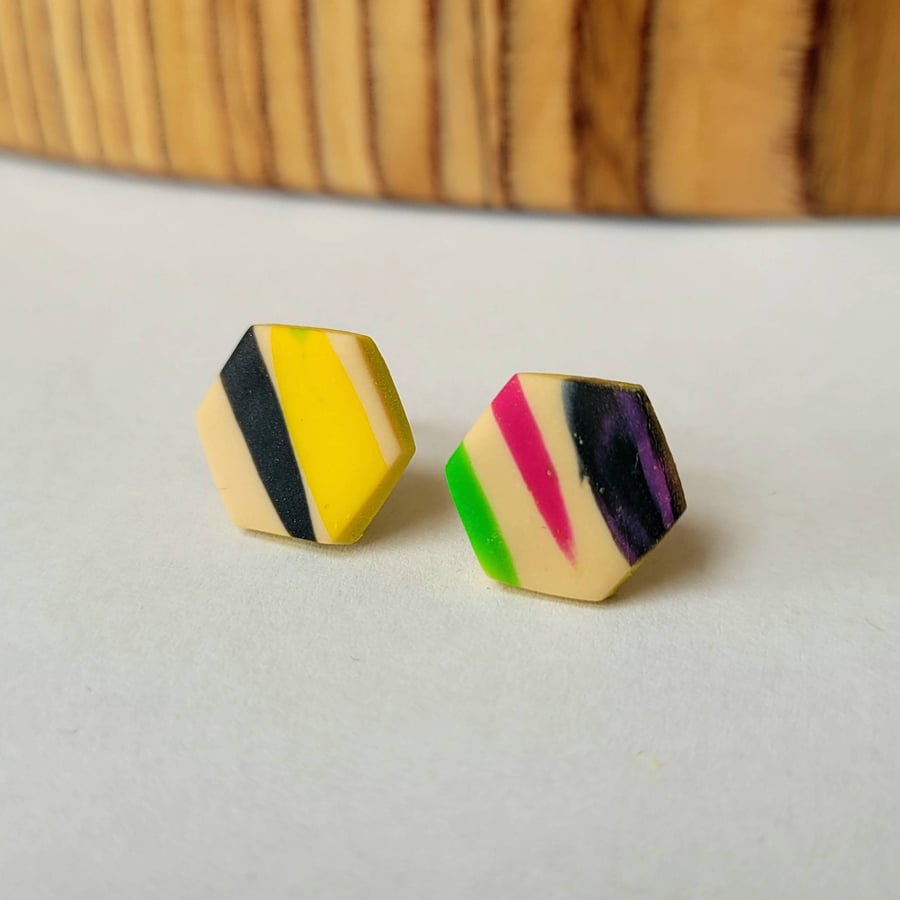 Tropical - Hexagon Stud Polymer Clay Earrings 