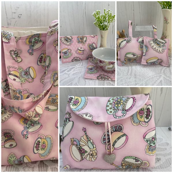 Tea Cup Print Tote Bag, Pouch Bag, Coaster and Key Ring Pillow Gift Set PB6