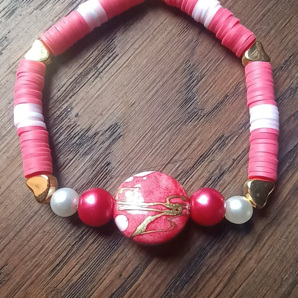 "Strawberry Shortcake" - Stretchy clay polymer and bead fashion bracelet 