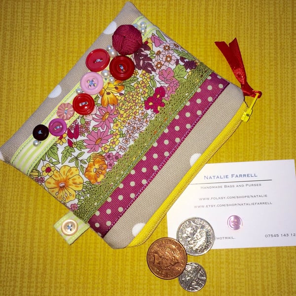 Vintage Button Coin Purse with Polka Dots, Ribbon and Lace