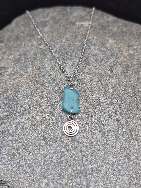 Sea Glass Necklace Aqua Glass, 19.5" Stainless Steel Cable Chain.