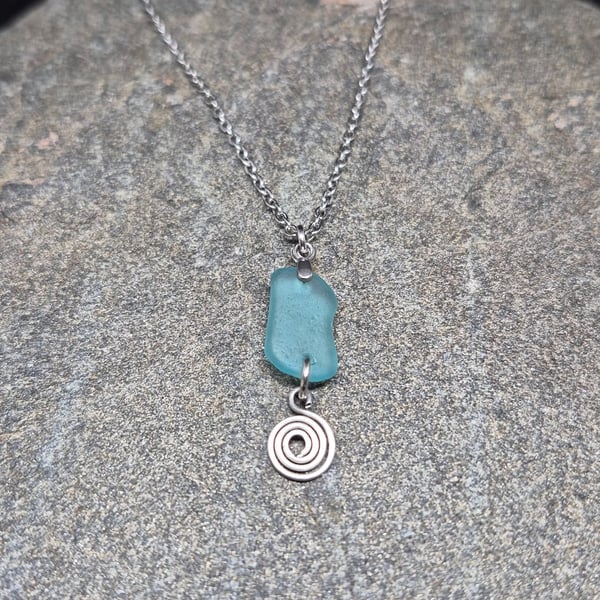 Sea Glass Necklace Aqua Glass, 19.5" Stainless Steel Cable Chain.