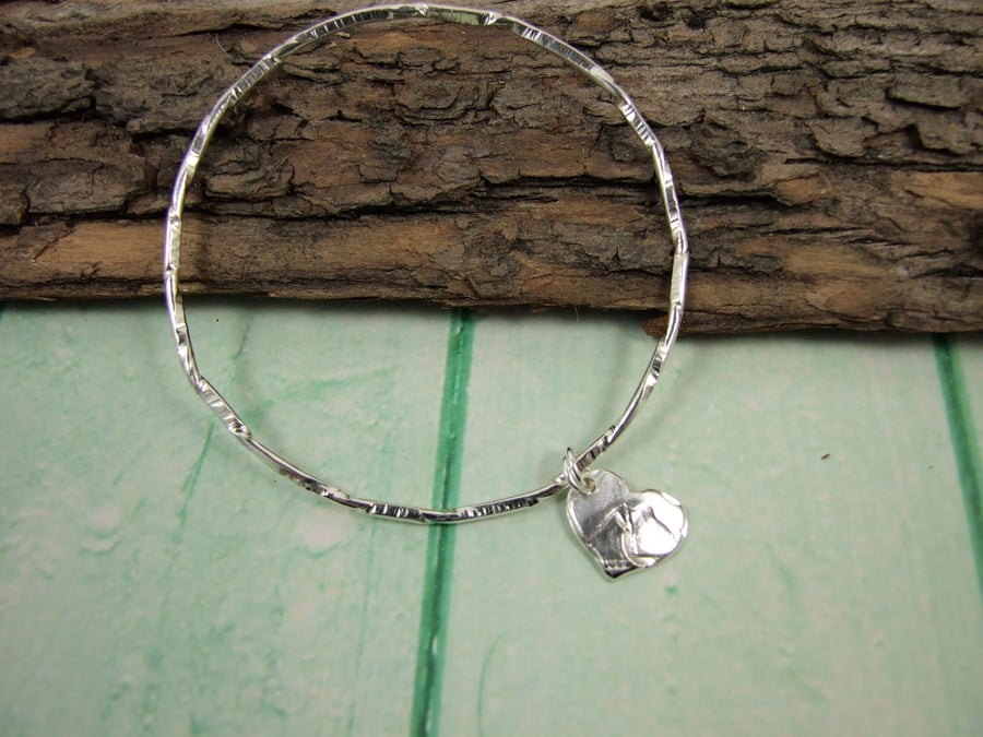 Sterling Silver Hammered Bangle Textured Twists and Rustic Heart Charm