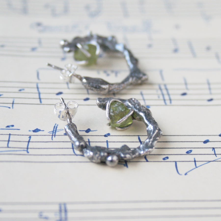 Silver Twig Hoop Earrings with Peridot, Nature-Inspired Jewellery