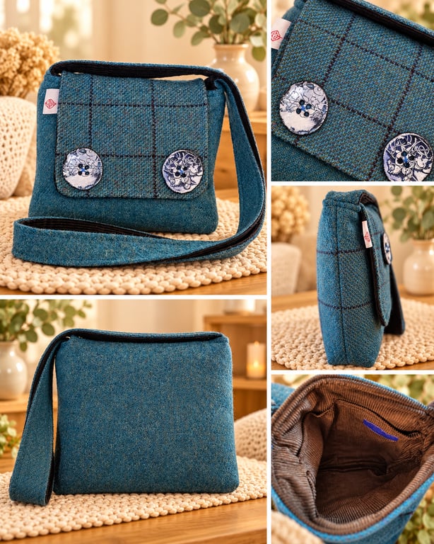 Harris tweed crossbody bag with handmade buttons